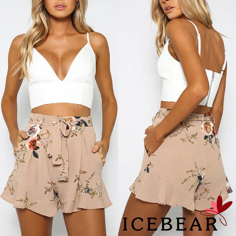 A2R-Women Bandage Chiffon Floral Shorts Stretch Waist Casual Beach Short Hot Pants