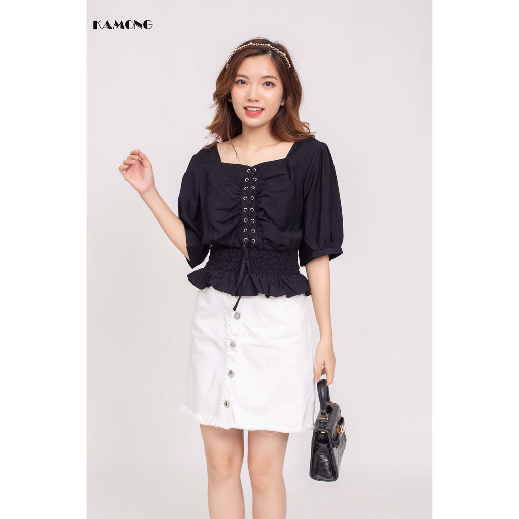 Áo cổ vuông đan dây nhún eo KAMONG A053