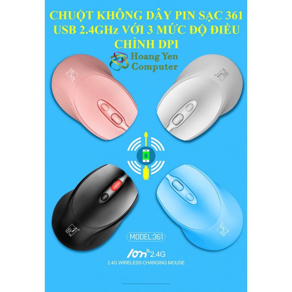 Chuột Không Dây Pin Sạc Ion 361 (1600DPI, 2.4 Ghz) - BH 12 Tháng Chính Hãng - Hoàng Yến Computer