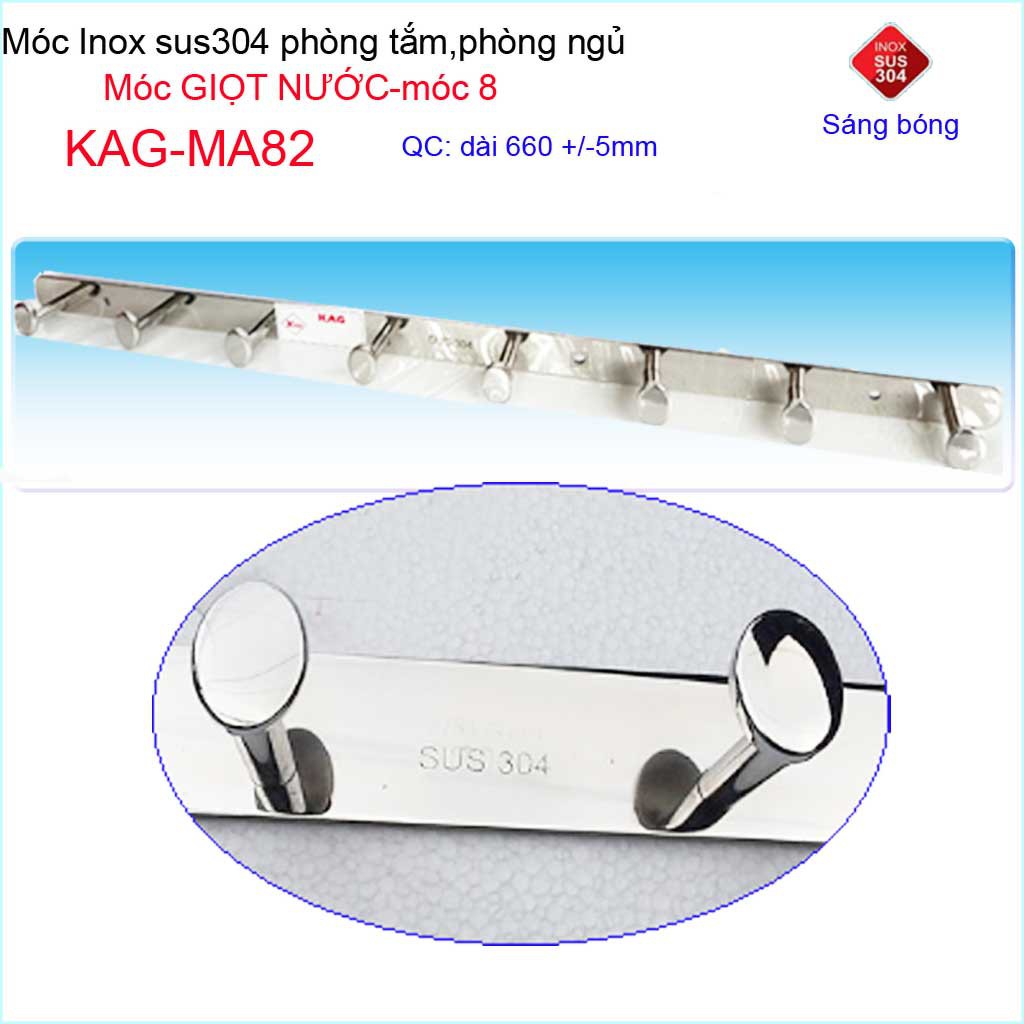 Móc giọt nước treo quần áo inox 304 cao cấp dày, móc Kace 8 móc treo đồ nhà tắm KAG-MA82