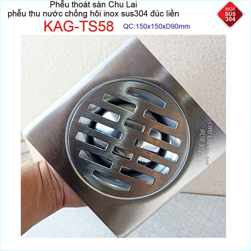 Phễu thoát sàn Chu Lai 15x15cm KAG-TS58-D90, Hố ga Thoát sàn chống hôi ống 9cm inox 304 đúc dày thoát nhanh chặn tóc tốt