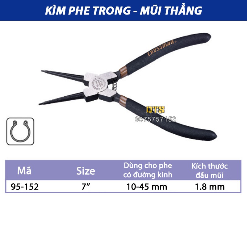 Kìm mở phe trong mũi thẳng cao cấp CROSSMAN 95-152 GUARANTEE 7 inch, kìm phanh thép CR-V, kềm mở phe mũi thẳng mở trong