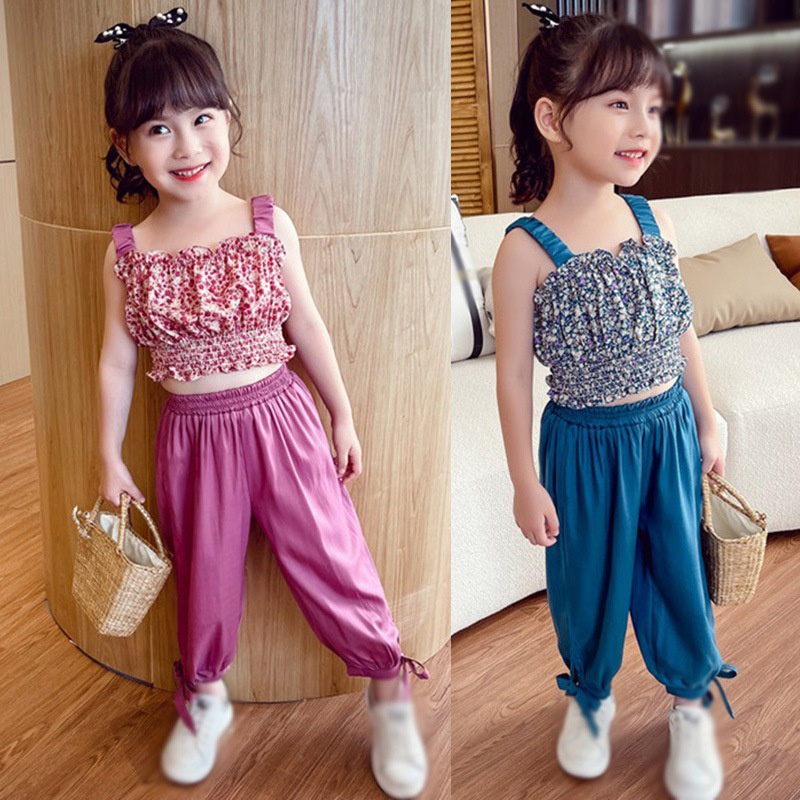 Set Áo Hoa Sát Nách + Quần Yếm Ống Rộng Thời Trang Mùa Hè Cho Bé Gái