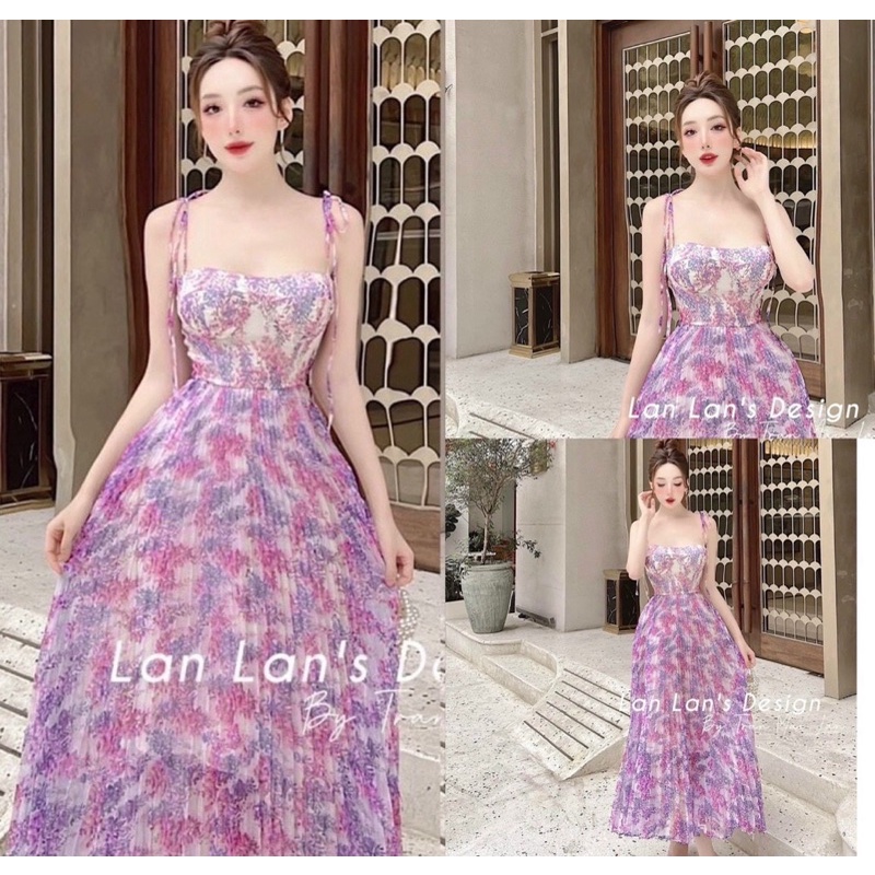 Đầm maxi hoa hai dây dập li đi biển du lịch 3 màu