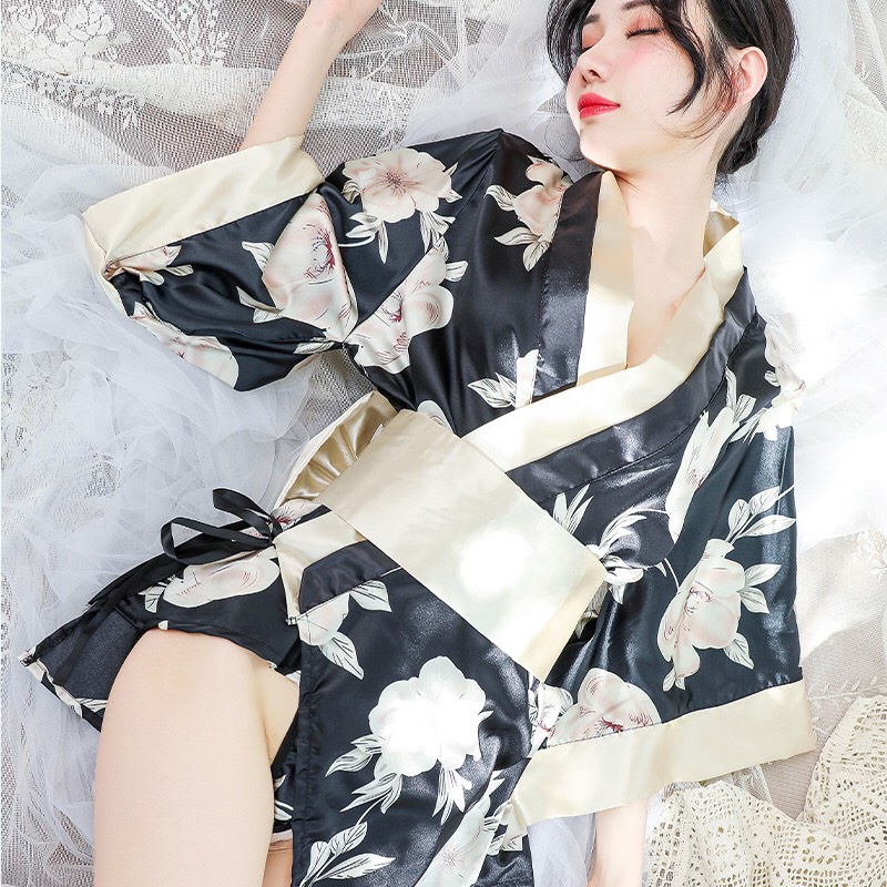Đồ ngủ sexy áo choàng kimono đen hoa mềm mại đầm ngủ gợi cảm quyến rũ 1570