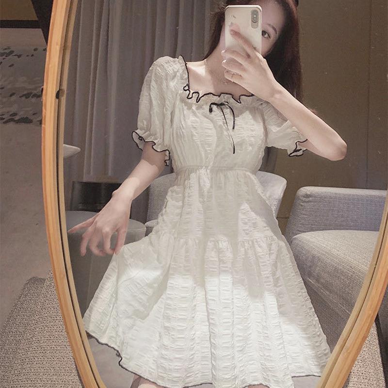 Đầm Chiffon Cổ Vuông Tay Phồng Họa Tiết Sọc Caro Phong Cách Pháp Hàng Mới 2022