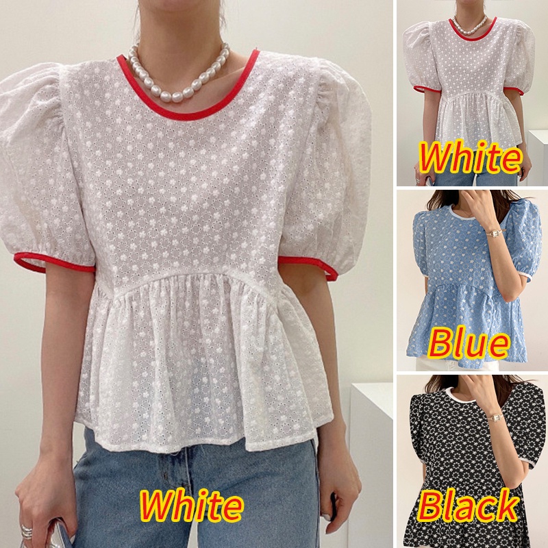 ZANZEA Áo Thun Nữ Tay Ngắn Phồng Cổ Tròn Thêu Hoa Thời Trang Hàn Quốc