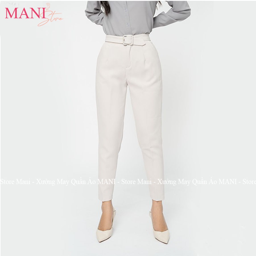 Quần baggy vải nữ kèm đai vuông sắt cúc bấm lệch cạp lưng cao màu đen xanh than mặc đi học làm công sở