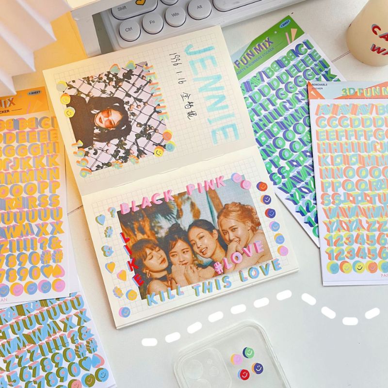 Tấm sticker chữ cái và số 3D trang trí sổ, toploader