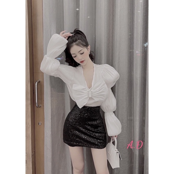 Set áo tơ chân váy kim sa hai màu trắng đen