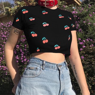 Áo croptop dáng ôm tay ngắn họa tiết cherry gợi cảm dành cho nữ