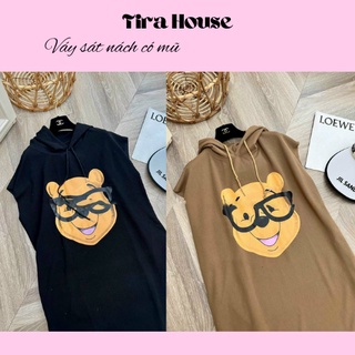 Váy sát nách len thun hình gấu đeo kính có mũ, đầm bầu form rộng dáng dài, VÁY LEN POOH SÁT NÁCH VLP219 - Tirahouse