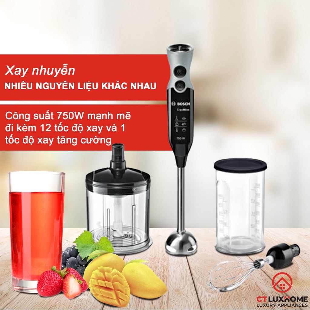 Máy xay thực phẩm cầm tay Bosch MSM67160 12 cấp độ, 750W, 220V, 50/60Hz, Kèm cây đánh trứng