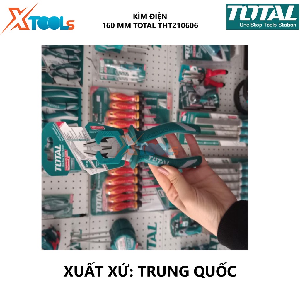 Kìm điện TOTAL THT210606 | kềm răng Kích thước 6&quot; (160mm), Khối lượng 0,2 kg, Cán bọc nhựa 2 màu xanh trắng bấm, cắt, tu