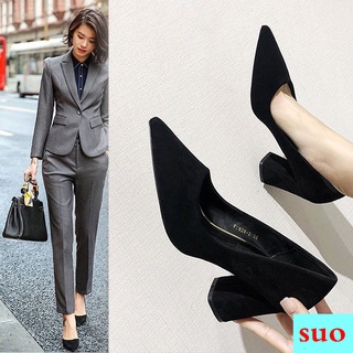 Giày cao gót 3cm 5cm chất liệu da lộn màu đen thời trang công sở cho nữ