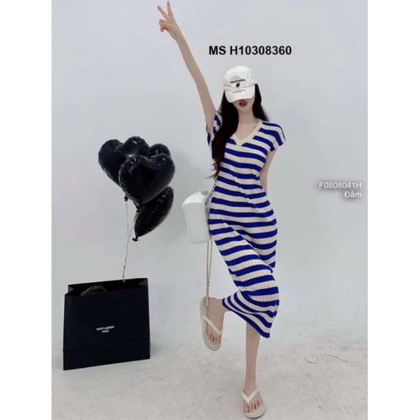 Đầm len body sọc xanh cổ tim 0808 H