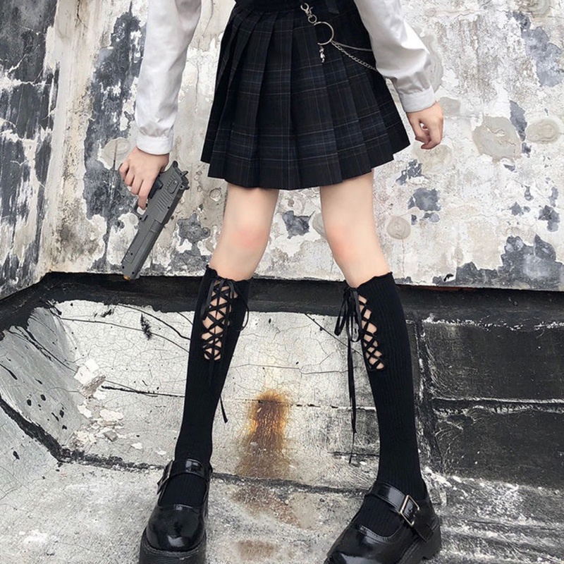 Broa Vớ cao đến đầu gối màu trơn thắt nơ phong cách Lolita Nhật Bản cho nữ