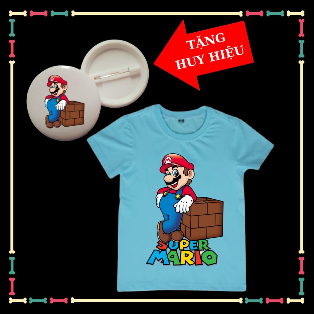 Áo thun trẻ em mẫu Mario bé trai, bé gái, tay ngắn, đủ size áo từ 10kg đến 90kg huy hiệu mario trẻ em