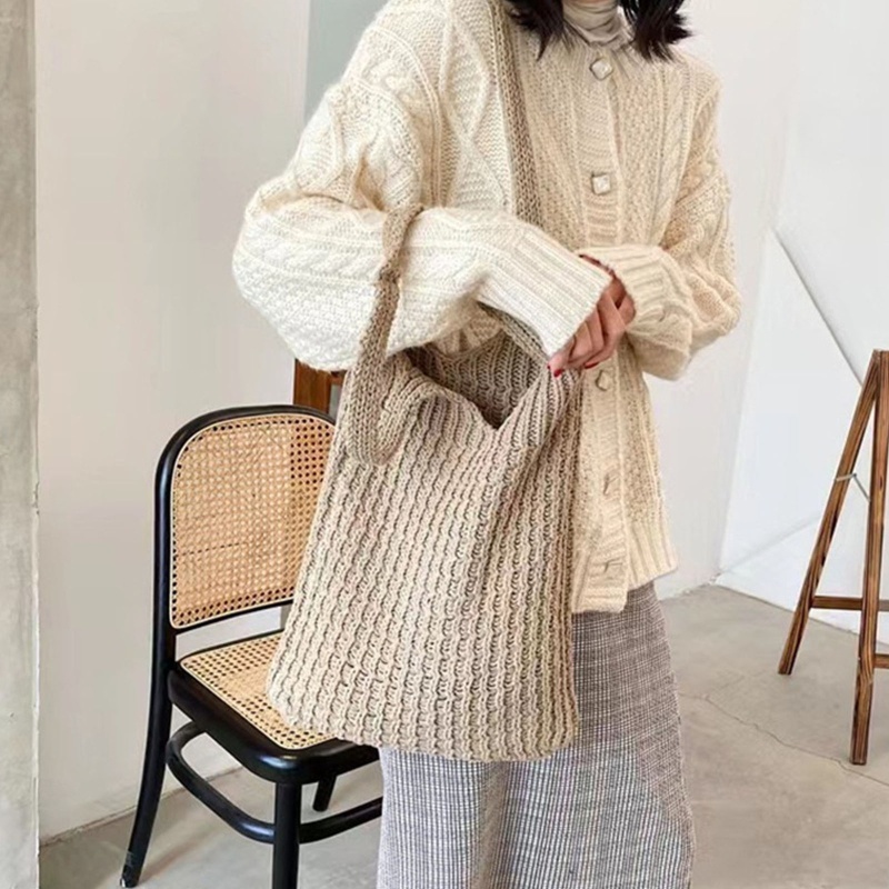 Túi Xách Đan Len Màu Trơn Cỡ Lớn Phong Cách Vintage Cho Nữ