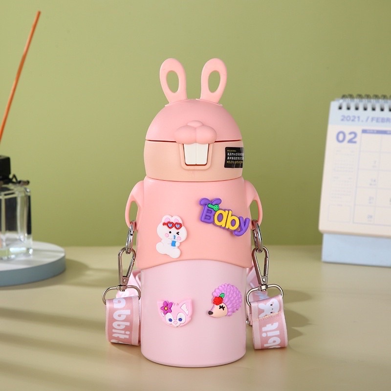 Bình Giữ Nhiệt Thỏ Có Ống Hút Và Quai Đeo,Tặng Kèm Sticker