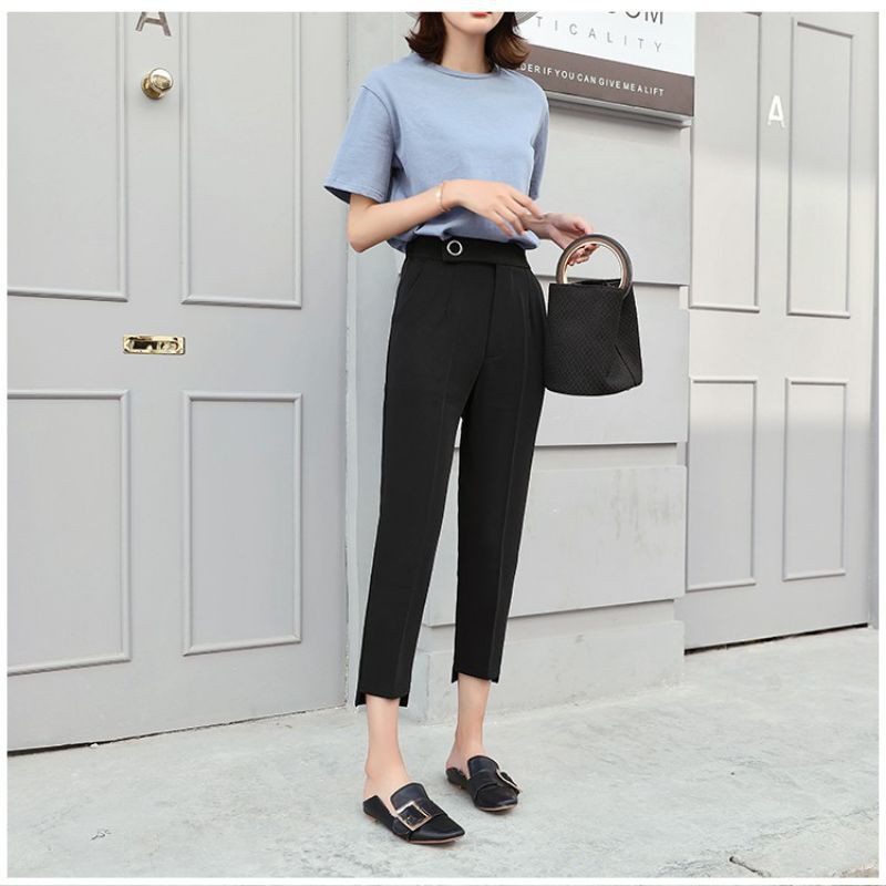 Quần tây baggy nữ ống lệch gấu lệch công sở cạp lưng cao dáng dài màu đen - Vải tuyết mưa - Mặc đi làm đi học xinh