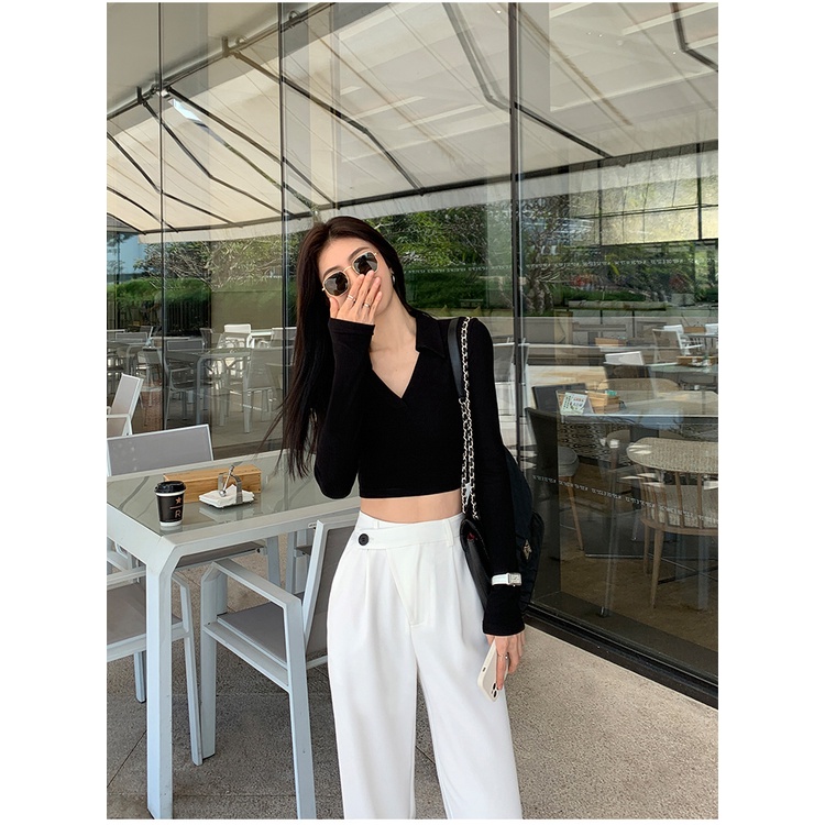 Porozi  Áo croptop dệt kim tay dài  cổ chữ v phong cách thời trang Hàn Quốc dành cho nữ