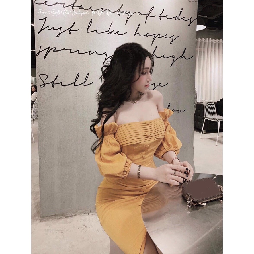 Đầm tay phồng sếp ly ngực sang chảnh, đầm dự tiệc xẻ tà xếp ly ngực DG 4257