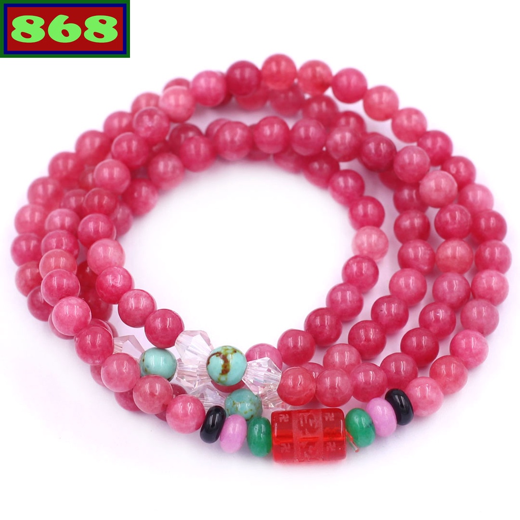 Vòng chuỗi 108 hạt đá hồng charm lục tự kim ngôn - hạt 6 ly, 8 ly, vòng chuỗi niệm Phật, vòng chuỗi đeo tay