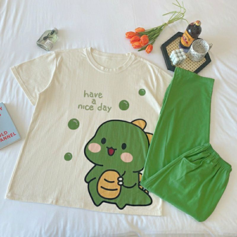 [ SẴN]Đồ bộ thun quần dài, đồ mặc ở nhà Quảng Châu, họa tiết hoạt hình chú ếch xinh xắn