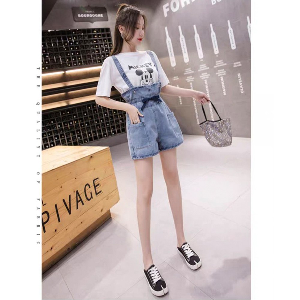 Quần shorts yếm jean SAIGONJEAN eo thun gắn nơ YJ017 - yếm bò ulzzang phong cách hàn quốc | BigBuy360 - bigbuy360.vn