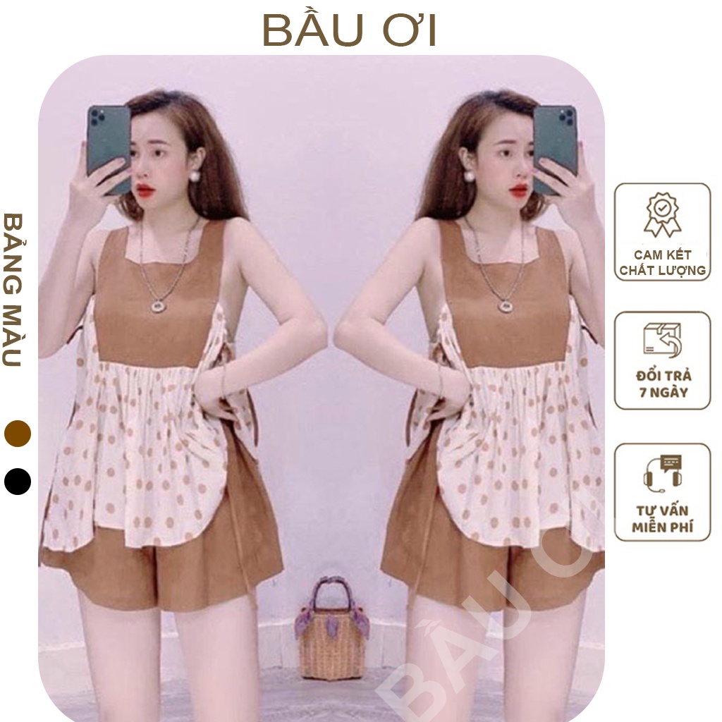 BỘ ĐỒ BẦU ĐÙI SÁT NÁCH CHẤM BI XINH XẮN-ĐỒ MẶC NHÀ MÙA HÈ KIỂU DÁNG BABYDOLL DỄ THƯƠNG CHẤT ĐŨI SIÊU MÁT