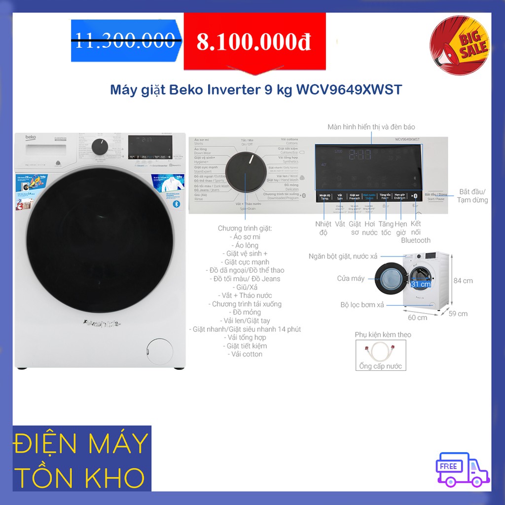 Máy giặt Beko Inverter 9 kg WCV9649XWST