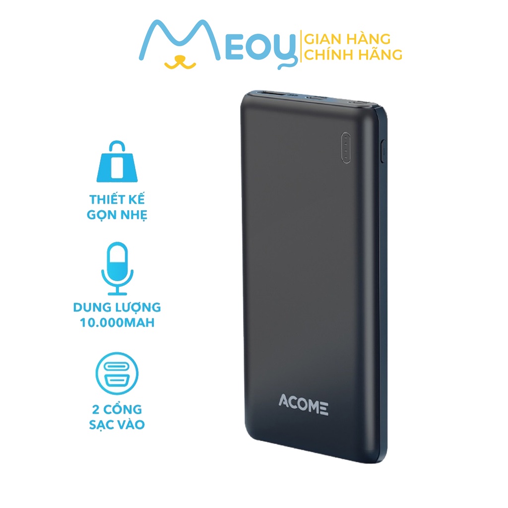 Pin sạc dự phòng 10.000mAh ACOME AP108, hai cổng hỗ trợ sạc nhiều thiết bị