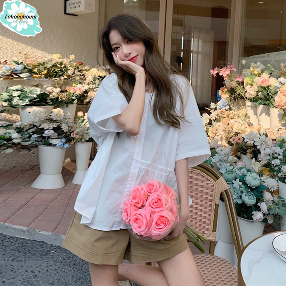 Áo sơ mi chất xốp ngắn tay dạng babydoll phong cách Hàn Quốc dành cho nữ