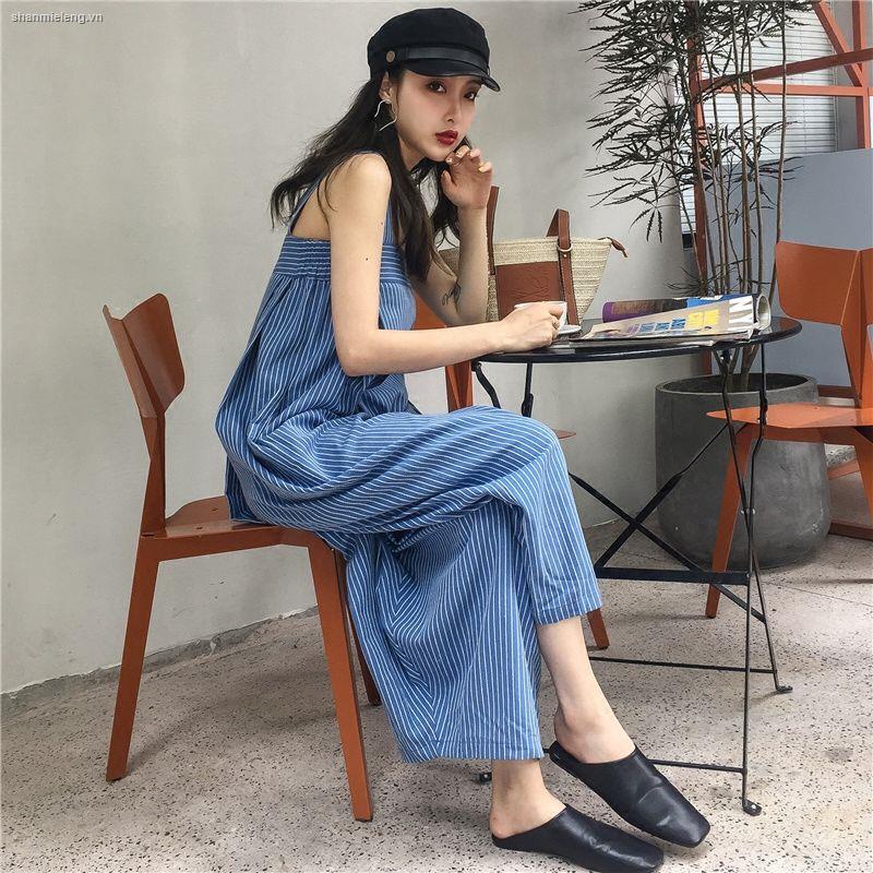 Bộ áo liền quần cotton lanh ống đứng dáng rộng lưng cao phong cách Hàn Quốc thời trang mùa thu cho nữ