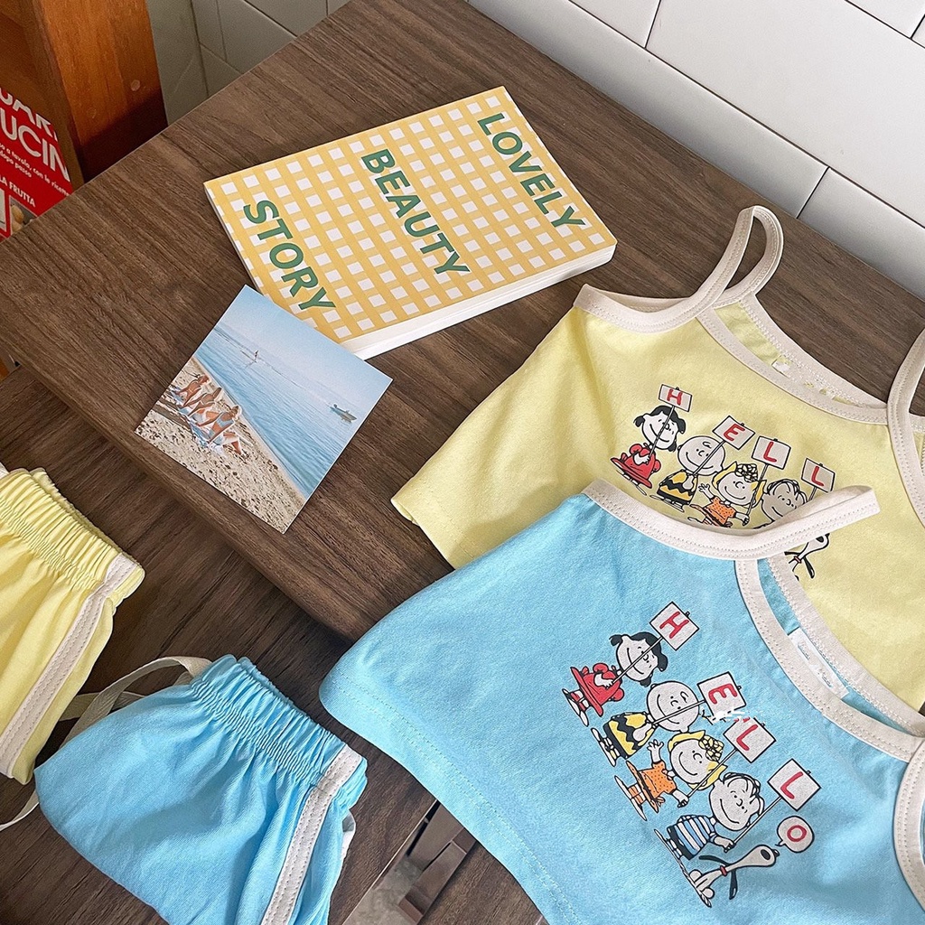 Bộ Áo Hai Dây + Quần Sooc In Họa Tiết Hoạt Hình Dễ Thương Thời Trang Mùa Hè Cho Bé