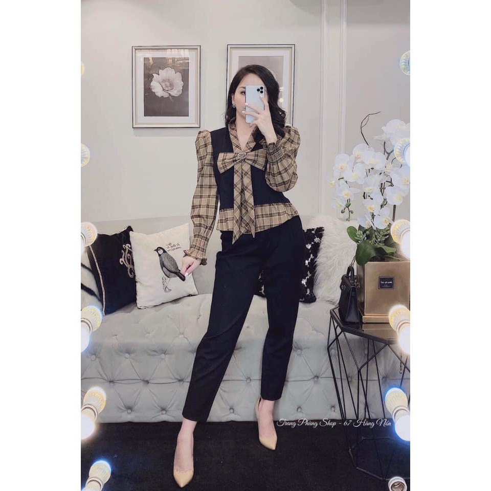 Áo sơ mi nữ phối kẻ lơ ngực. Chất umi đanh mịn mix tay bèo sơ mi thô lụa. | BigBuy360 - bigbuy360.vn