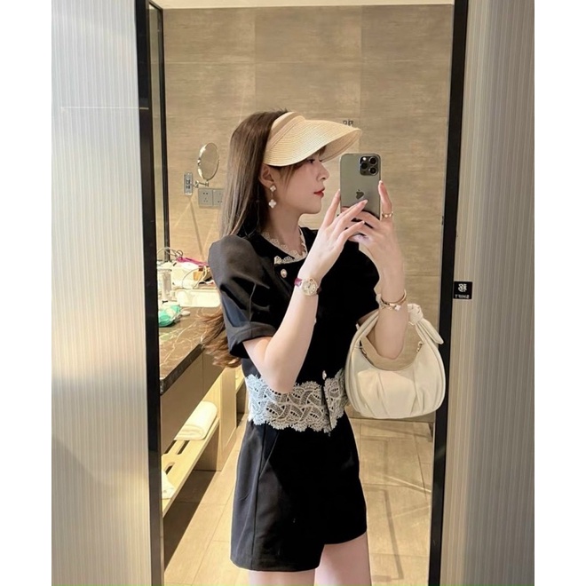 SET ÁO ĐEN PHỐI NÚT VIỀN REN TRẮNG + SHORT