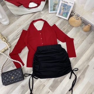 Set áo yếm len đỏ váy đen