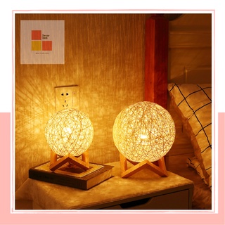 Đèn Ngủ Để Bàn Cầu Mây Đế Gỗ Ánh Sáng Vàng, Đèn Trang Trí Phòng Ngủ Lung Linh, Decor Sống Ảo