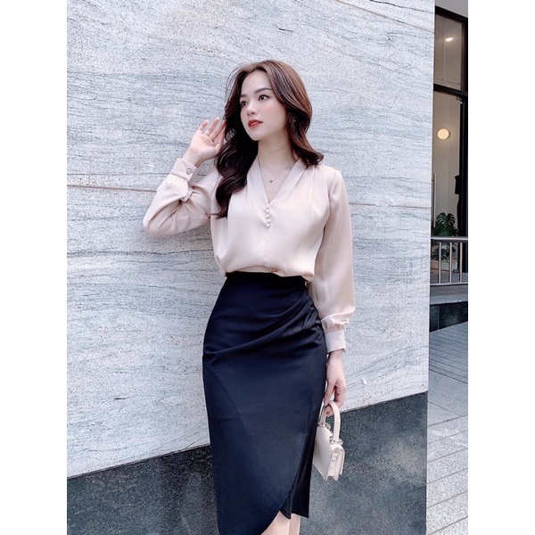Chân váy li sườn chéo vạt