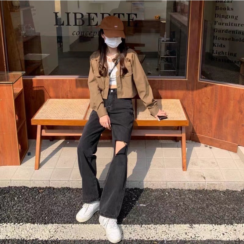 Quần Jeans Nữ Dài Lưng Cao Mài Rách Thời Trang Hàn