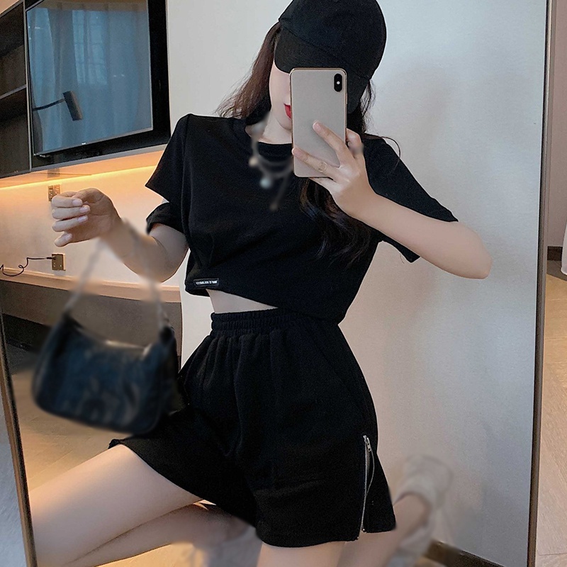 Bộ Đồ 2 Món Áo Thun Tay Ngắn Cổ Tròn + Quần Short Lưng Cao Màu Trơn Phong Cách Hàn Quốc Cho Nữ