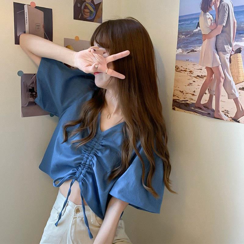 Áo Sơ Mi Denim Xanh Dương Dáng Rộng Cổ Chữ V Thiết Kế Dây Rút Phong Cách Pháp Thời Trang Mùa Hè 2022 Mới Dành Cho Bạn Nữ