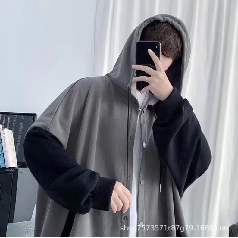 Áo khoác mũ bomber phối đen ghi