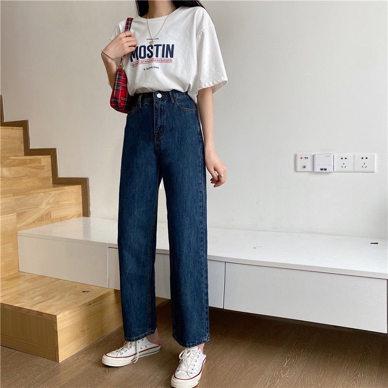IELGY Quần Jean Nữ Lưng Cao Màu Tối Tôn Dáng Phong Cách Hàn Quốc Dễ Phối Đồ