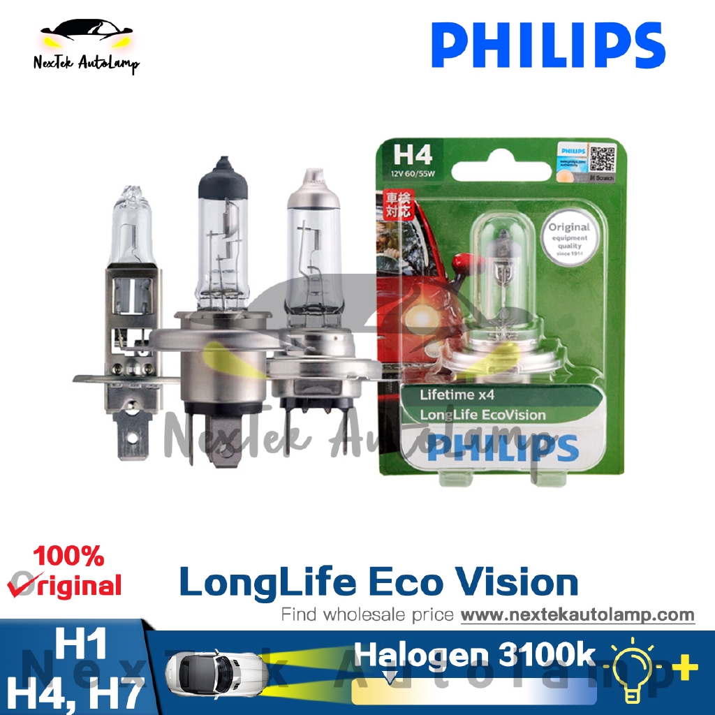 PHILIPS LongLife Eco Vision H1 H4 H7 H11 12V 60/55 W 3100K High beam Front fog light Low beam  Car Headlight Halogen Bulb 1350LM