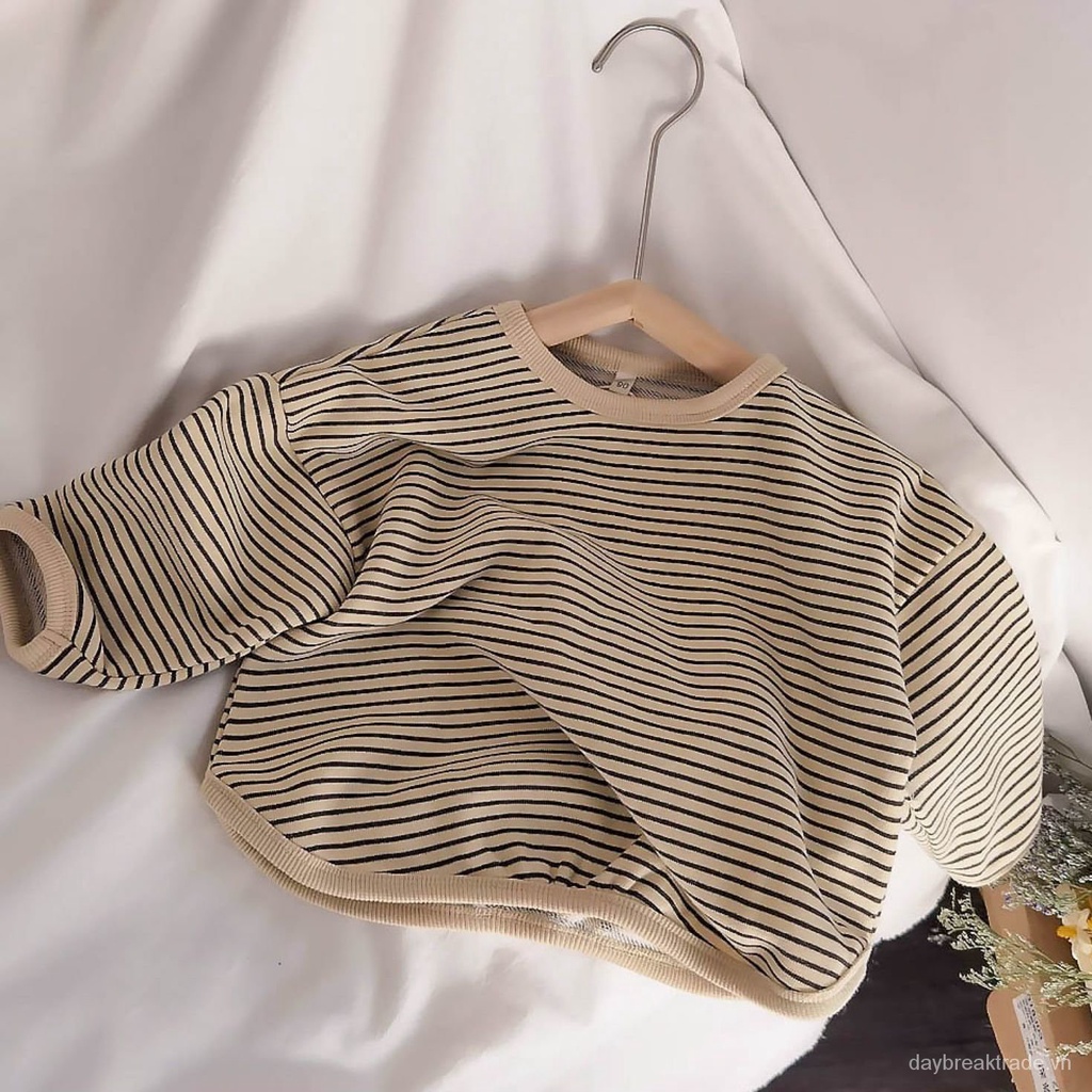 Áo thun tay dài form rộng họa tiết kẻ sọc thời trang mùa thu phong cách Hàn Quốc 2021 dành cho bé trai