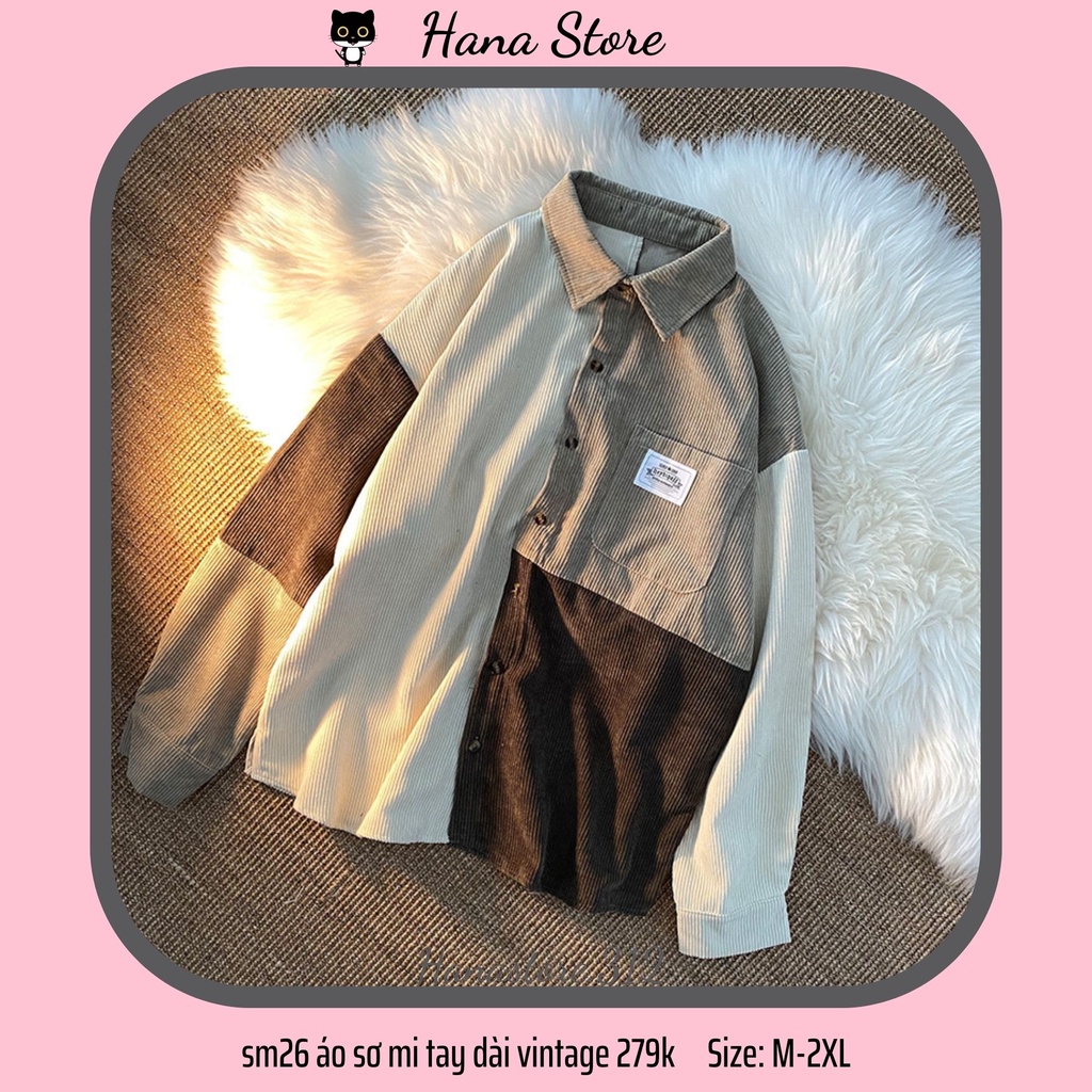 sm26 áo sơ mi tay dài màu vintage unisex có size lớn