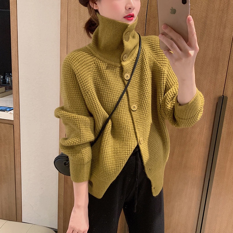 Áo Khoác Cardigan Dệt Kim Cổ Cao Dáng Rộng Mềm Mại Thân Thiện Với Da Thời Trang Cho Nữ